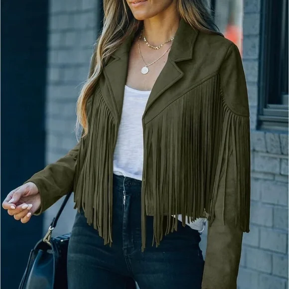 Jackets & Coats | Boho Olive Green Tassel Suede Women Fringe  display picture 3